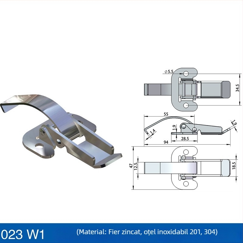 Încuietoare din oțel inoxidabil reglabilă pentru siguranță la mașinile de turnare prin injecție și echipamentele de aspirație vid; model Safety buckle; cârlig lung greu; finisaj: vibrație șlefuită