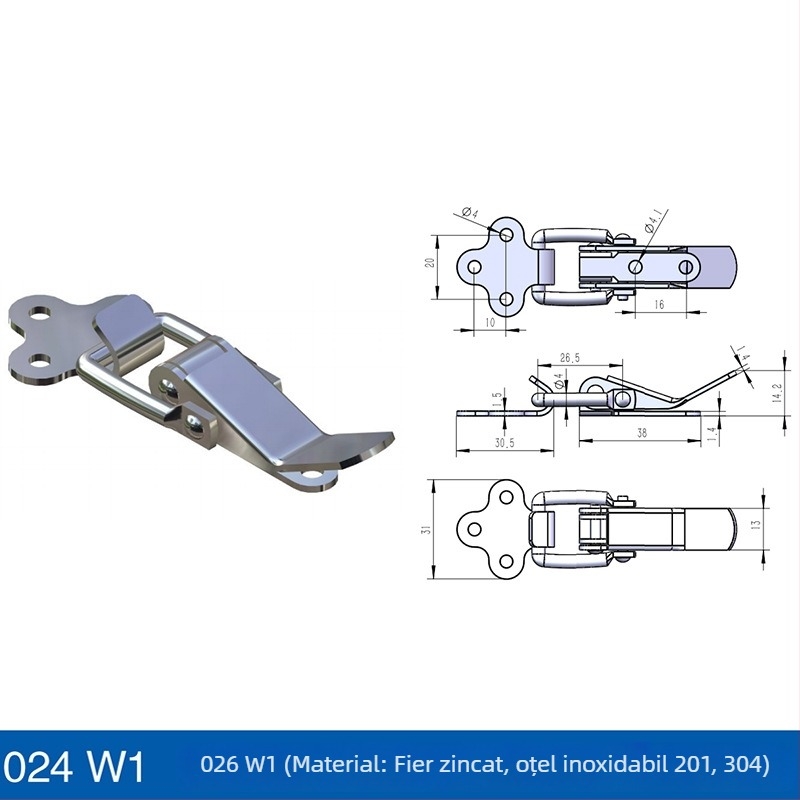 Încuietoare din oțel inoxidabil reglabilă pentru siguranță la mașinile de turnare prin injecție și echipamentele de aspirație vid; model Safety buckle; cârlig lung greu; finisaj: vibrație șlefuită