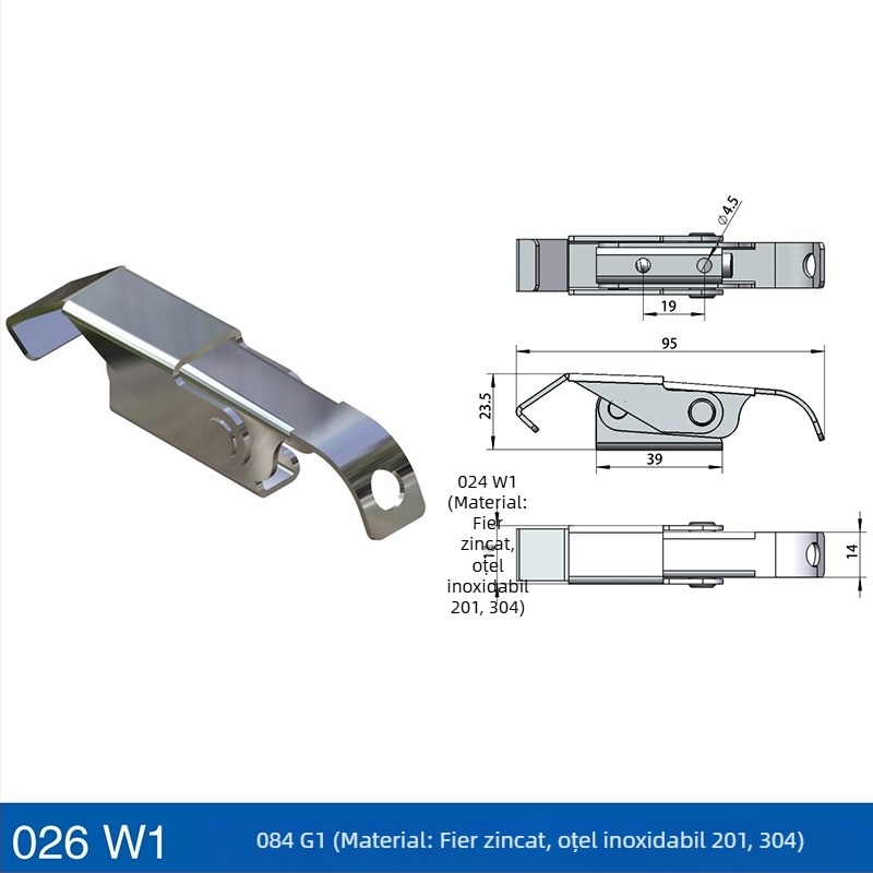 Încuietoare din oțel inoxidabil reglabilă pentru siguranță la mașinile de turnare prin injecție și echipamentele de aspirație vid; model Safety buckle; cârlig lung greu; finisaj: vibrație șlefuită