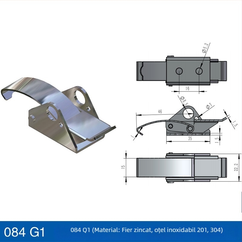 Încuietoare din oțel inoxidabil reglabilă pentru siguranță la mașinile de turnare prin injecție și echipamentele de aspirație vid; model Safety buckle; cârlig lung greu; finisaj: vibrație șlefuită