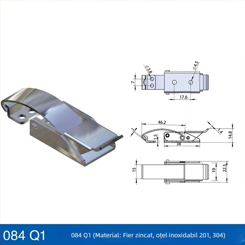 Încuietoare din oțel inoxidabil reglabilă pentru siguranță la mașinile de turnare prin injecție și echipamentele de aspirație vid; model Safety buckle; cârlig lung greu; finisaj: vibrație șlefuită