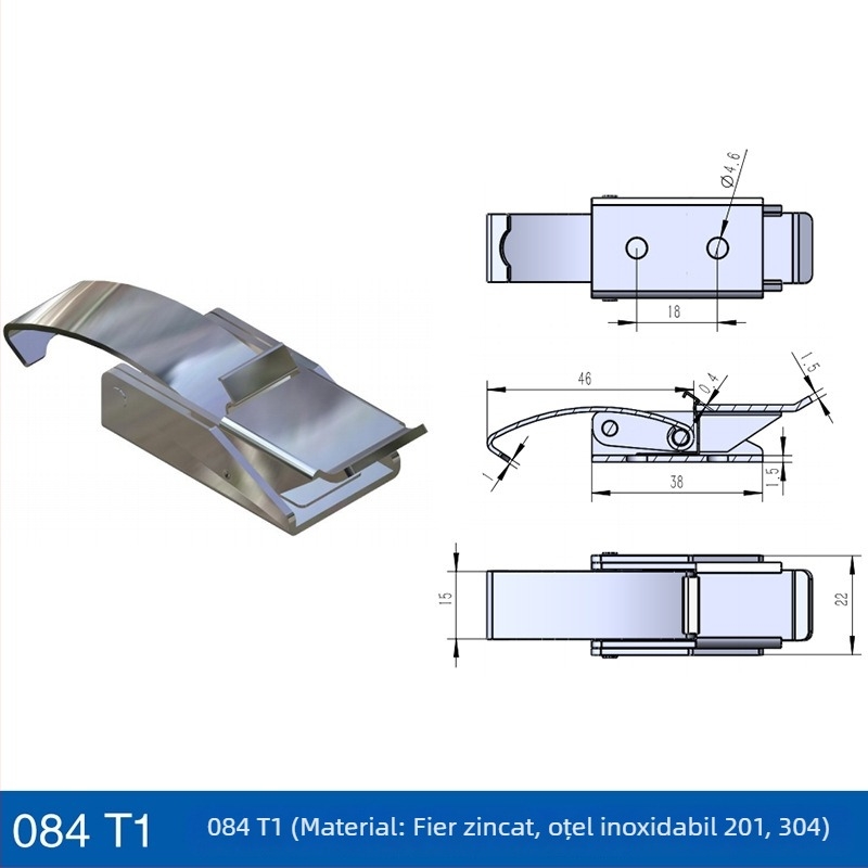Încuietoare din oțel inoxidabil reglabilă pentru siguranță la mașinile de turnare prin injecție și echipamentele de aspirație vid; model Safety buckle; cârlig lung greu; finisaj: vibrație șlefuită