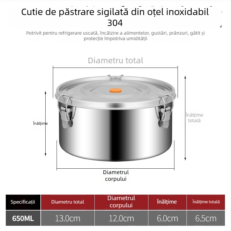 Cutie de prânz din oțel inoxidabil 304, alimentar, sigilată și etanșă; cutie pentru păstrarea în frigider, cutie pentru fructe, set de picnic în aer liber