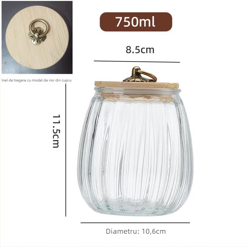 Borcan de ceai din sticlă cu capac - transparent, rezistent la căldură, rotund, 301-500 ml