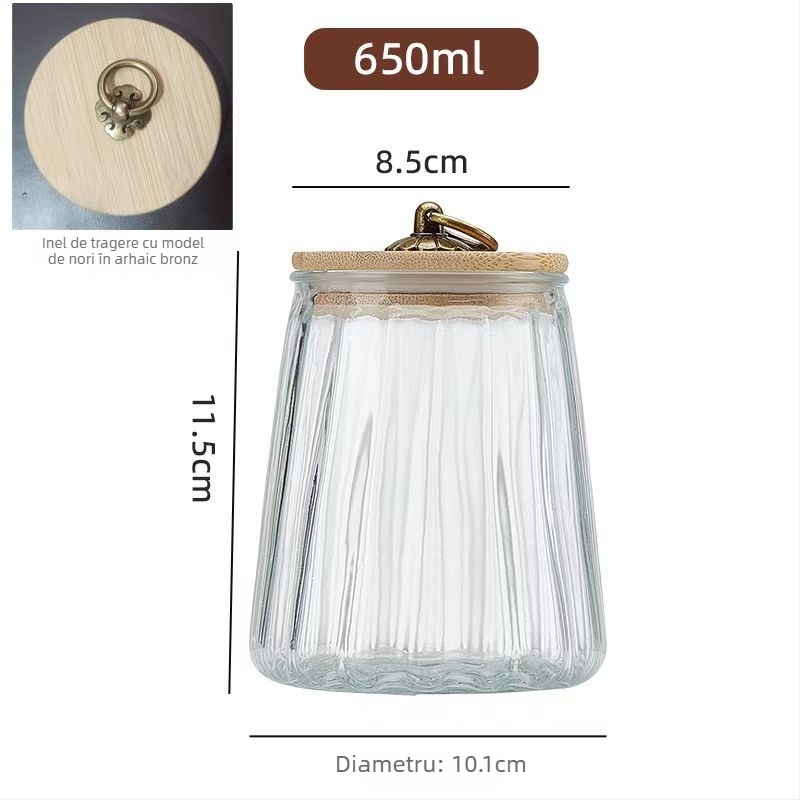 Borcan de ceai din sticlă cu capac - transparent, rezistent la căldură, rotund, 301-500 ml