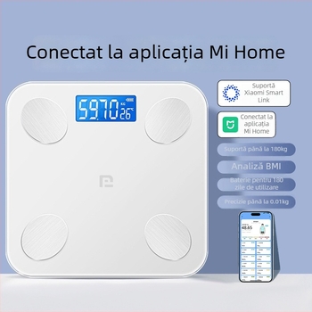 Cântar de grăsime corporal, compatibil cu aplicația Mijia; măsoară greutatea, grăsimea și umiditatea; capacitate maximă 180 kg; alimentare USB/baterie.
