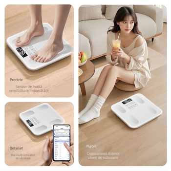 Cântar de grăsime corporal, compatibil cu aplicația Mijia; măsoară greutatea, grăsimea și umiditatea; capacitate maximă 180 kg; alimentare USB/baterie.