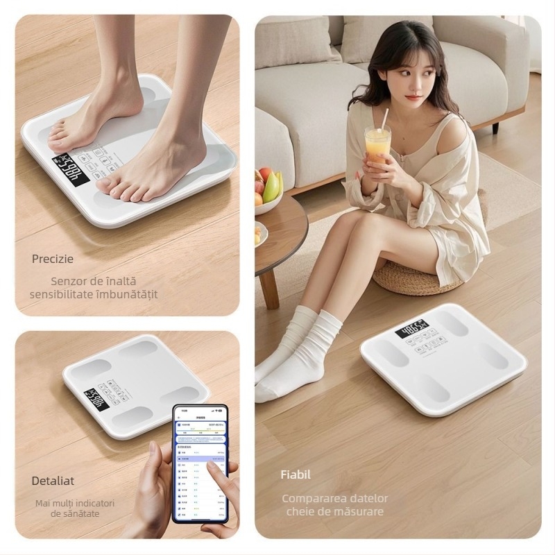 Cântar de grăsime corporal, compatibil cu aplicația Mijia; măsoară greutatea, grăsimea și umiditatea; capacitate maximă 180 kg; alimentare USB/baterie.