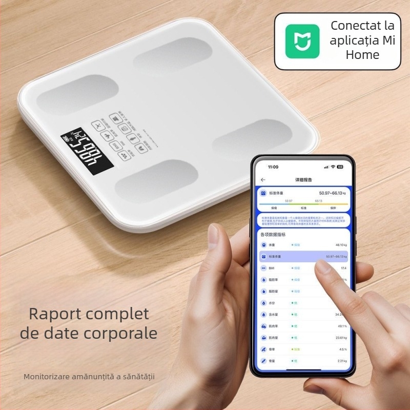 Cântar de grăsime corporal, compatibil cu aplicația Mijia; măsoară greutatea, grăsimea și umiditatea; capacitate maximă 180 kg; alimentare USB/baterie.