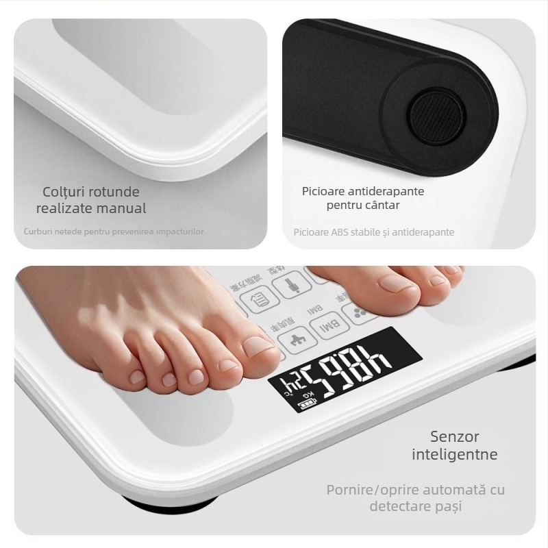 Cântar de grăsime corporal, compatibil cu aplicația Mijia; măsoară greutatea, grăsimea și umiditatea; capacitate maximă 180 kg; alimentare USB/baterie.