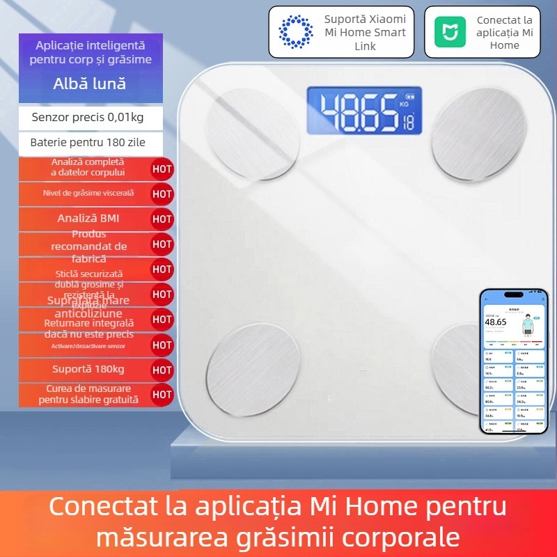 Cântar de grăsime corporal, compatibil cu aplicația Mijia; măsoară greutatea, grăsimea și umiditatea; capacitate maximă 180 kg; alimentare USB/baterie.