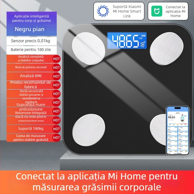 Cântar de grăsime corporal, compatibil cu aplicația Mijia; măsoară greutatea, grăsimea și umiditatea; capacitate maximă 180 kg; alimentare USB/baterie.