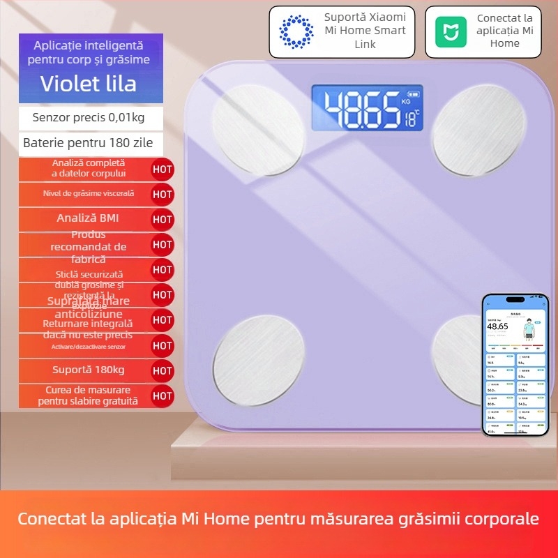 Cântar de grăsime corporal, compatibil cu aplicația Mijia; măsoară greutatea, grăsimea și umiditatea; capacitate maximă 180 kg; alimentare USB/baterie.