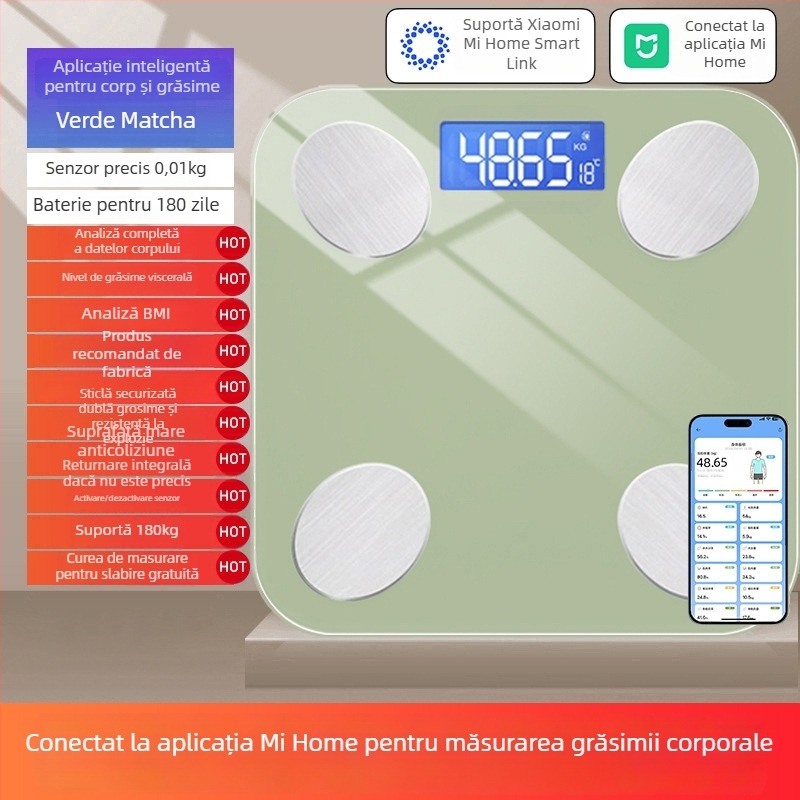 Cântar de grăsime corporal, compatibil cu aplicația Mijia; măsoară greutatea, grăsimea și umiditatea; capacitate maximă 180 kg; alimentare USB/baterie.