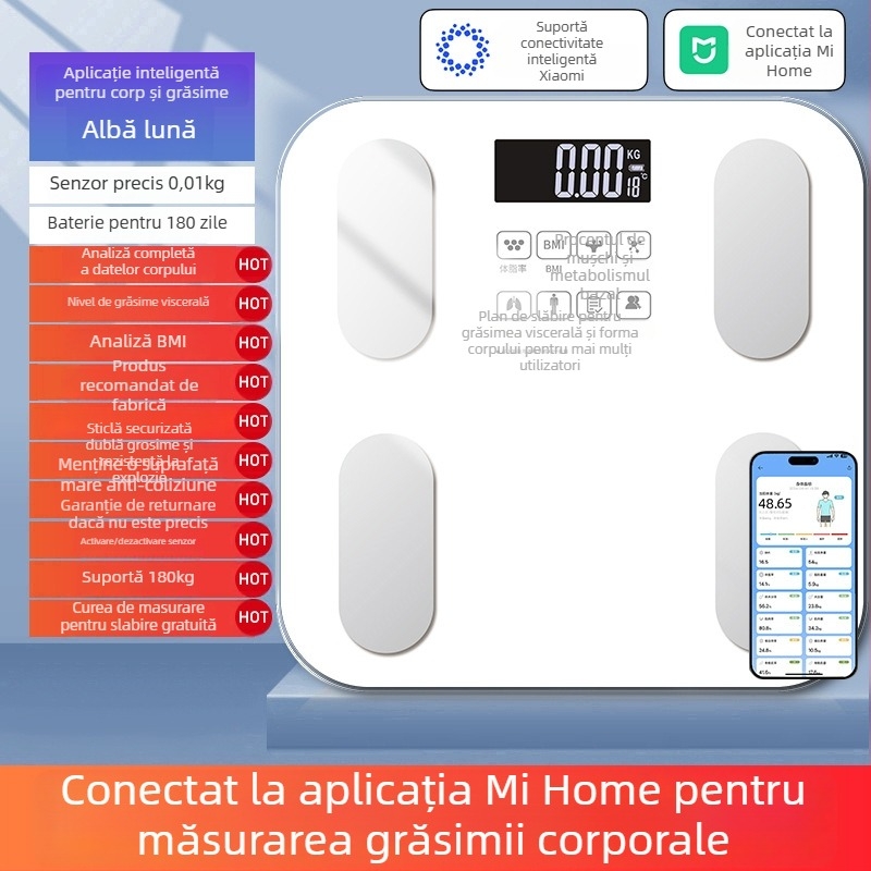 Cântar de grăsime corporal, compatibil cu aplicația Mijia; măsoară greutatea, grăsimea și umiditatea; capacitate maximă 180 kg; alimentare USB/baterie.