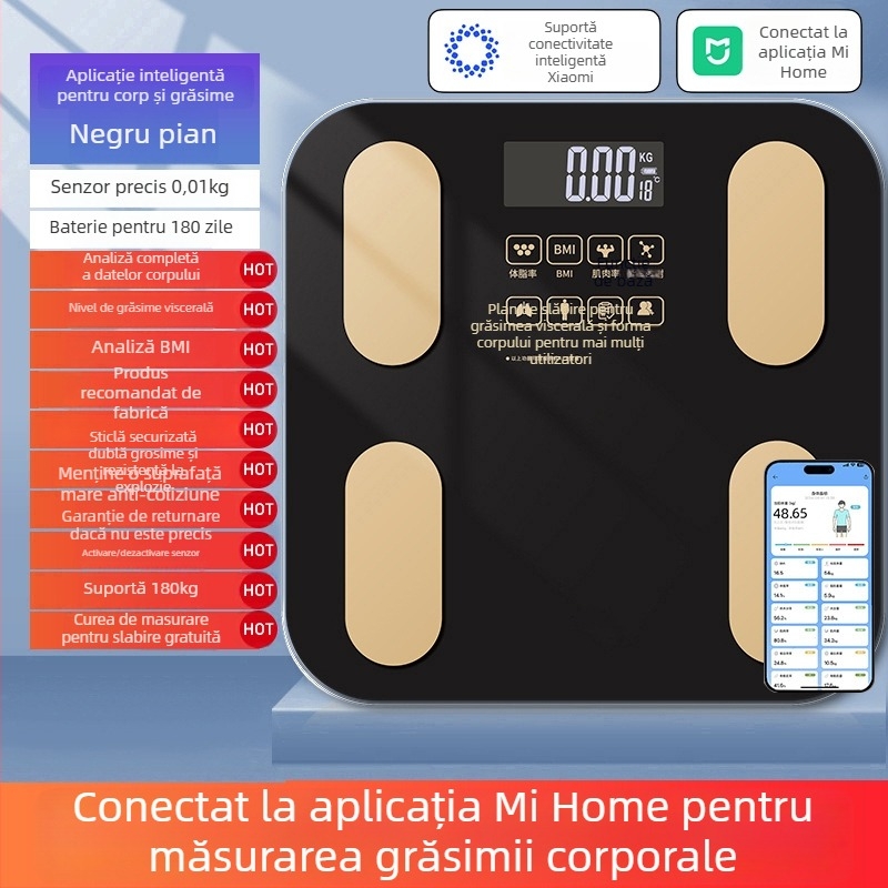 Cântar de grăsime corporal, compatibil cu aplicația Mijia; măsoară greutatea, grăsimea și umiditatea; capacitate maximă 180 kg; alimentare USB/baterie.