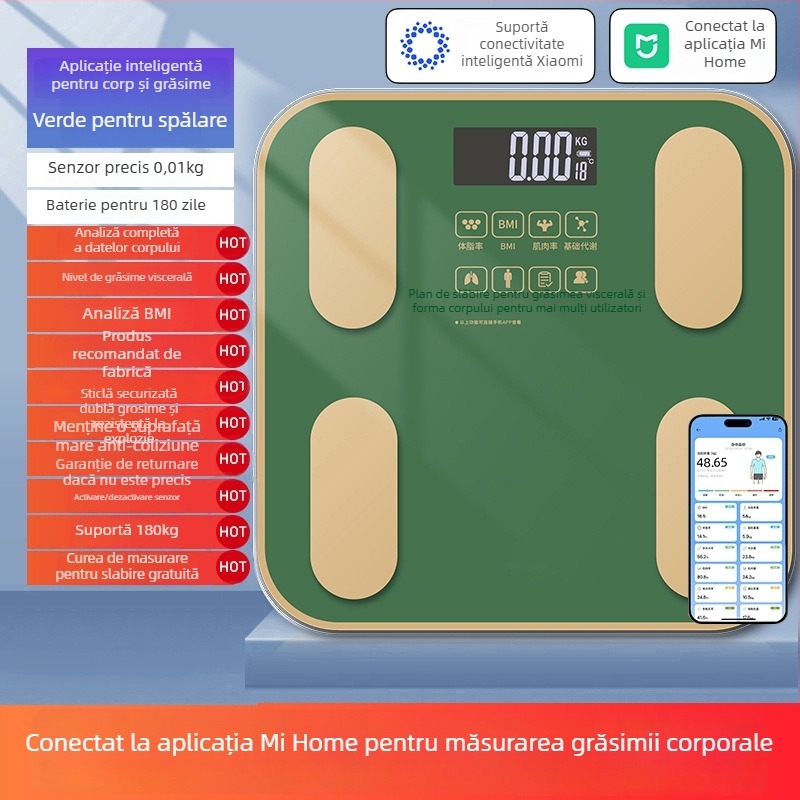 Cântar de grăsime corporal, compatibil cu aplicația Mijia; măsoară greutatea, grăsimea și umiditatea; capacitate maximă 180 kg; alimentare USB/baterie.