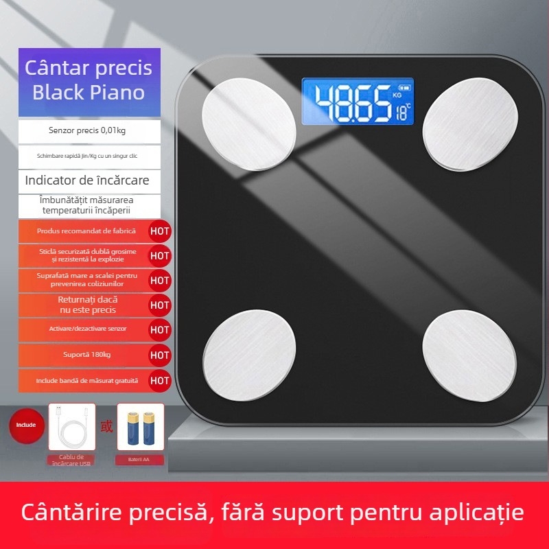 Cântar de grăsime corporal, compatibil cu aplicația Mijia; măsoară greutatea, grăsimea și umiditatea; capacitate maximă 180 kg; alimentare USB/baterie.