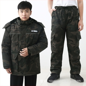 Set de îmbrăcăminte de iarnă din bumbac pentru muncă, cu glugă, model camuflaj, geacă și pantaloni cu fermoar, căptușeală fleece, izolație groasă