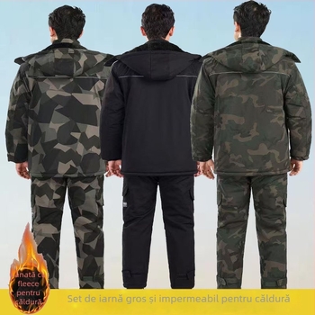 Set de îmbrăcăminte de iarnă din bumbac pentru muncă, cu glugă, model camuflaj, geacă și pantaloni cu fermoar, căptușeală fleece, izolație groasă