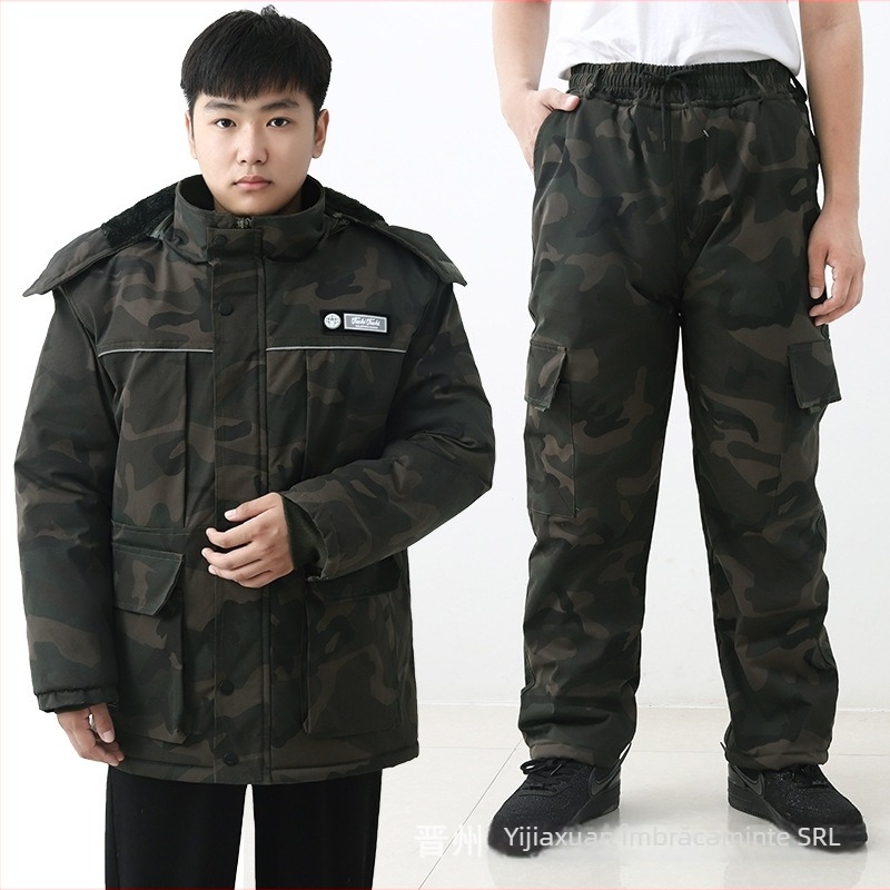 Set de îmbrăcăminte de iarnă din bumbac pentru muncă, cu glugă, model camuflaj, geacă și pantaloni cu fermoar, căptușeală fleece, izolație groasă