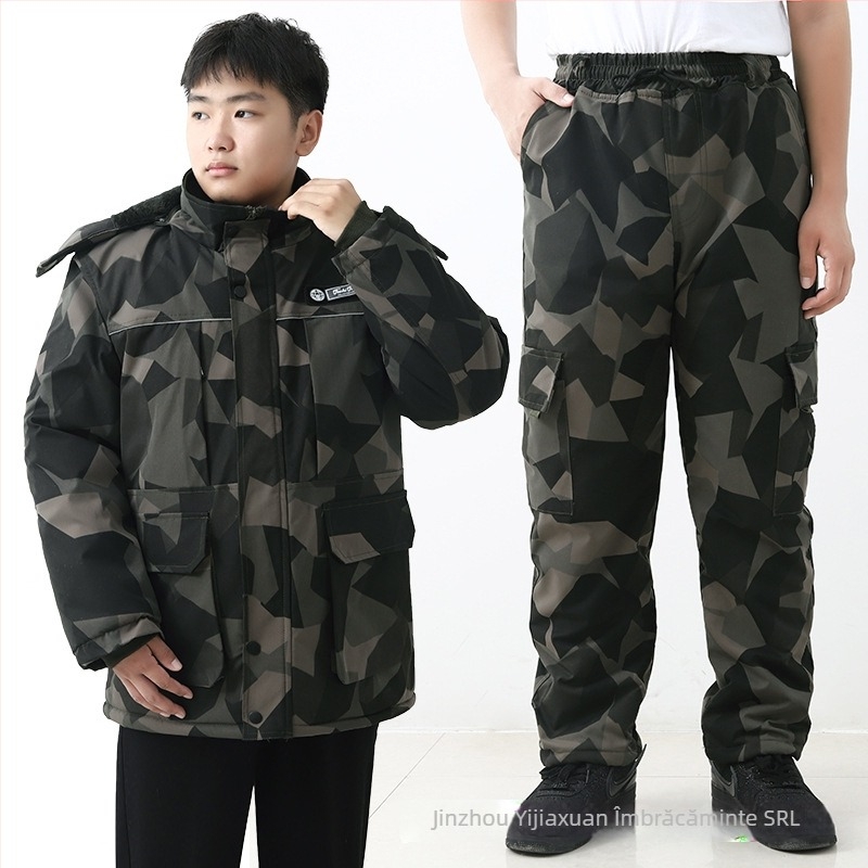 Set de îmbrăcăminte de iarnă din bumbac pentru muncă, cu glugă, model camuflaj, geacă și pantaloni cu fermoar, căptușeală fleece, izolație groasă