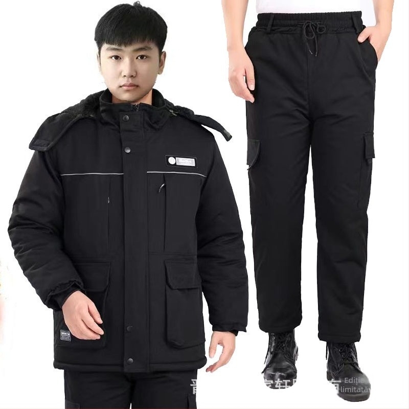 Set de îmbrăcăminte de iarnă din bumbac pentru muncă, cu glugă, model camuflaj, geacă și pantaloni cu fermoar, căptușeală fleece, izolație groasă