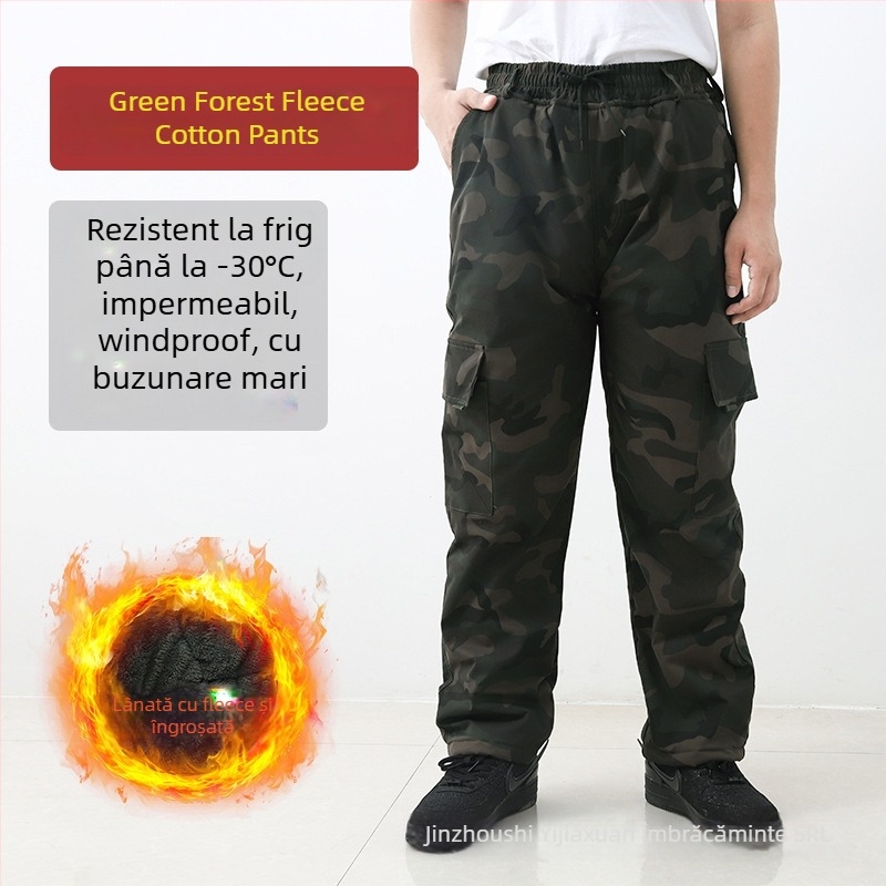 Set de îmbrăcăminte de iarnă din bumbac pentru muncă, cu glugă, model camuflaj, geacă și pantaloni cu fermoar, căptușeală fleece, izolație groasă