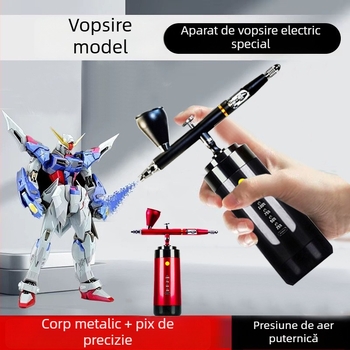 Aerograf electric, cu acționare dublă, pornire/oprire automată; presiune maximă 25; distanță optimă de pulverizare 150–200; capacități vase 7cc, 20cc, 40cc