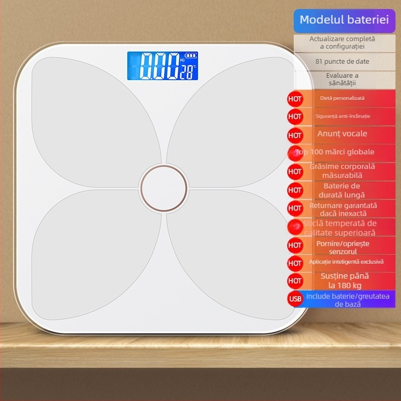 Cântar de grăsime corporală TCL 6039-SY, capacitate 180 kg, afișaj LED de 3 inchi, alimentare USB, analiză grăsime și apă, sticlă temperată