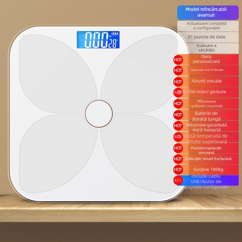 Cântar de grăsime corporală TCL 6039-SY, capacitate 180 kg, afișaj LED de 3 inchi, alimentare USB, analiză grăsime și apă, sticlă temperată