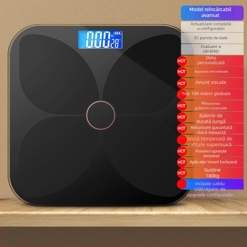 Cântar de grăsime corporală TCL 6039-SY, capacitate 180 kg, afișaj LED de 3 inchi, alimentare USB, analiză grăsime și apă, sticlă temperată