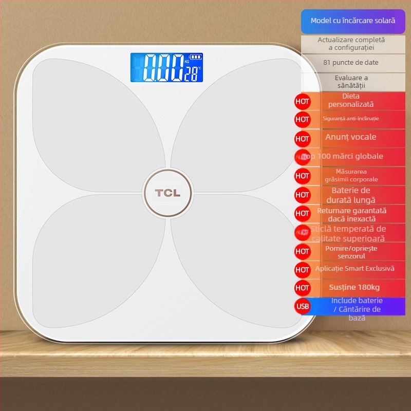 Cântar de grăsime corporală TCL 6039-SY, capacitate 180 kg, afișaj LED de 3 inchi, alimentare USB, analiză grăsime și apă, sticlă temperată
