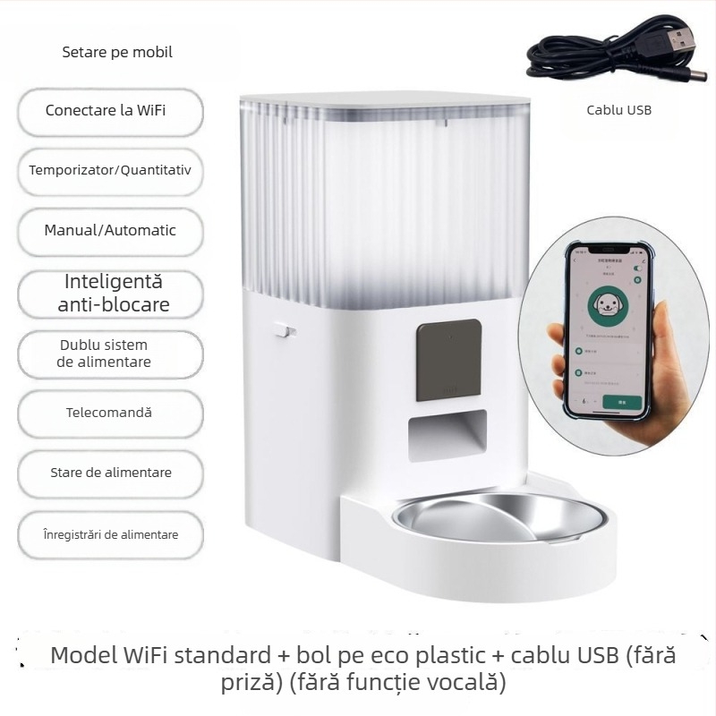 Hrănitor inteligent pentru animale de companie cu două boluri, porții programate, alimentare de la distanță și monitorizare vizuală prin WiFi