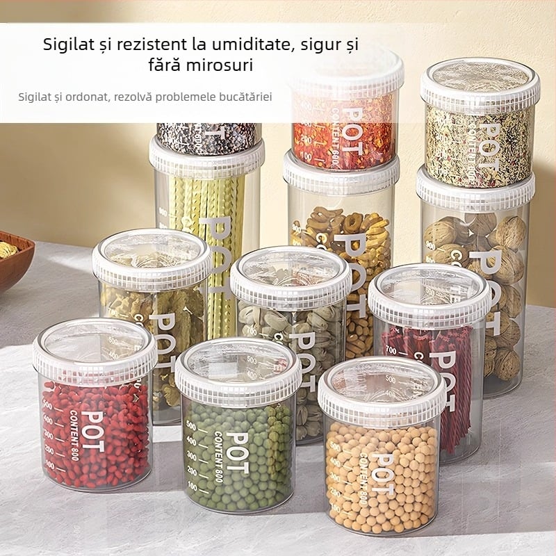 Recipient cilindric, transparent din plastic, etanș pentru depozitare alimentară, pentru condimente, fasole, nuci și cereale, 800–1000 ml