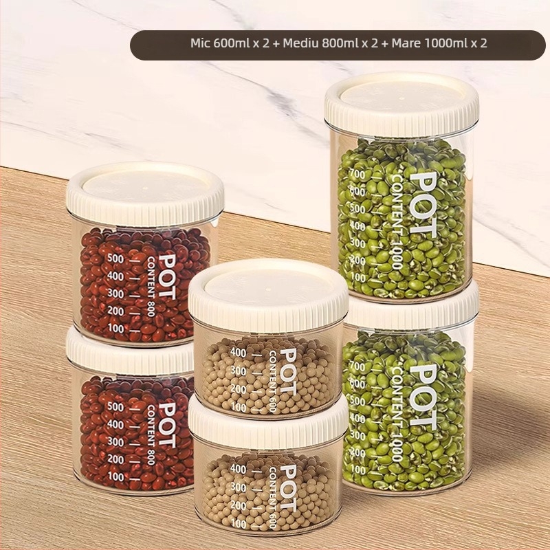Recipient cilindric, transparent din plastic, etanș pentru depozitare alimentară, pentru condimente, fasole, nuci și cereale, 800–1000 ml
