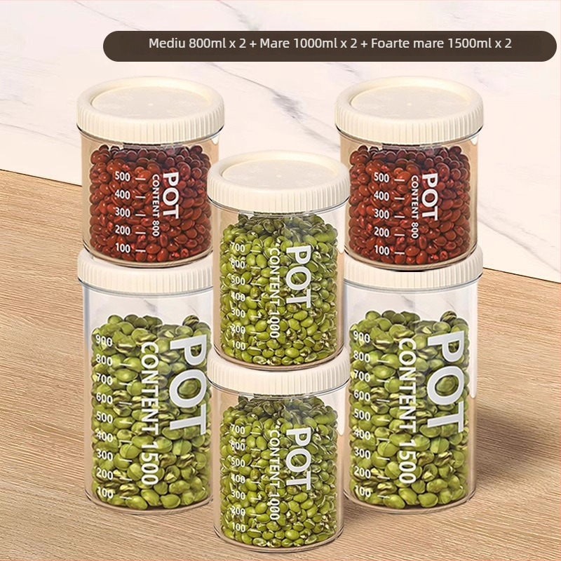 Recipient cilindric, transparent din plastic, etanș pentru depozitare alimentară, pentru condimente, fasole, nuci și cereale, 800–1000 ml