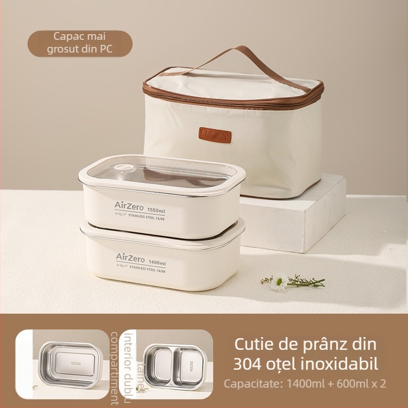 Cutie prânz din oțel inoxidabil 304, pătrată, menține prospețimea, compatibilă cu cuptorul cu microunde, pentru birou și școală