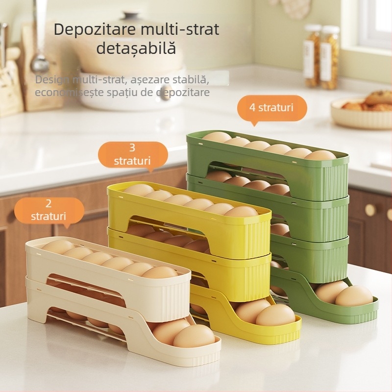 Cutie de depozitare pentru ouă cu glisare pentru ușa laterală a frigiderului, plastic alimentar, organizator de depozitare cu drenaj