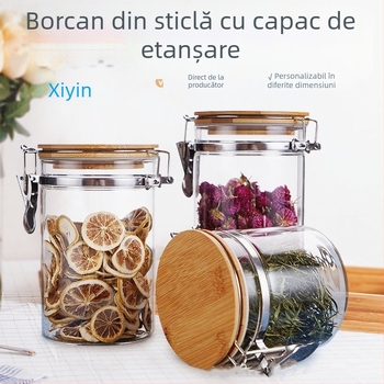 Recipient din sticlă borosilicată sigilat cu capac cu închidere cu clic, formă rotundă, capacitate sub 300 ml, logo tipărit, posibilitate de personalizare, nu este potrivit pentru microunde