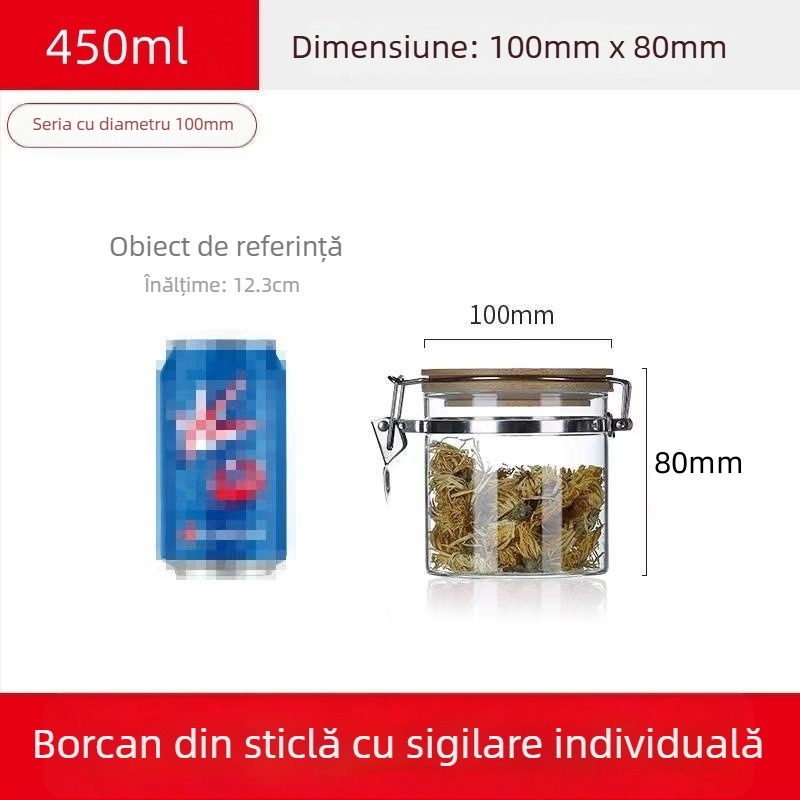 Recipient din sticlă borosilicată sigilat cu capac cu închidere cu clic, formă rotundă, capacitate sub 300 ml, logo tipărit, posibilitate de personalizare, nu este potrivit pentru microunde