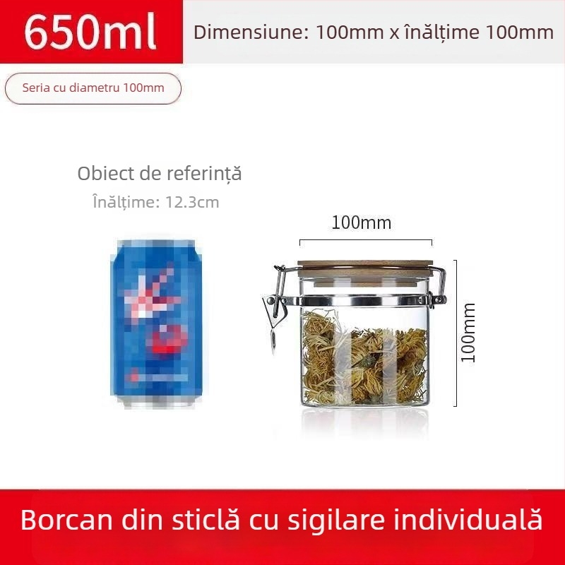 Recipient din sticlă borosilicată sigilat cu capac cu închidere cu clic, formă rotundă, capacitate sub 300 ml, logo tipărit, posibilitate de personalizare, nu este potrivit pentru microunde