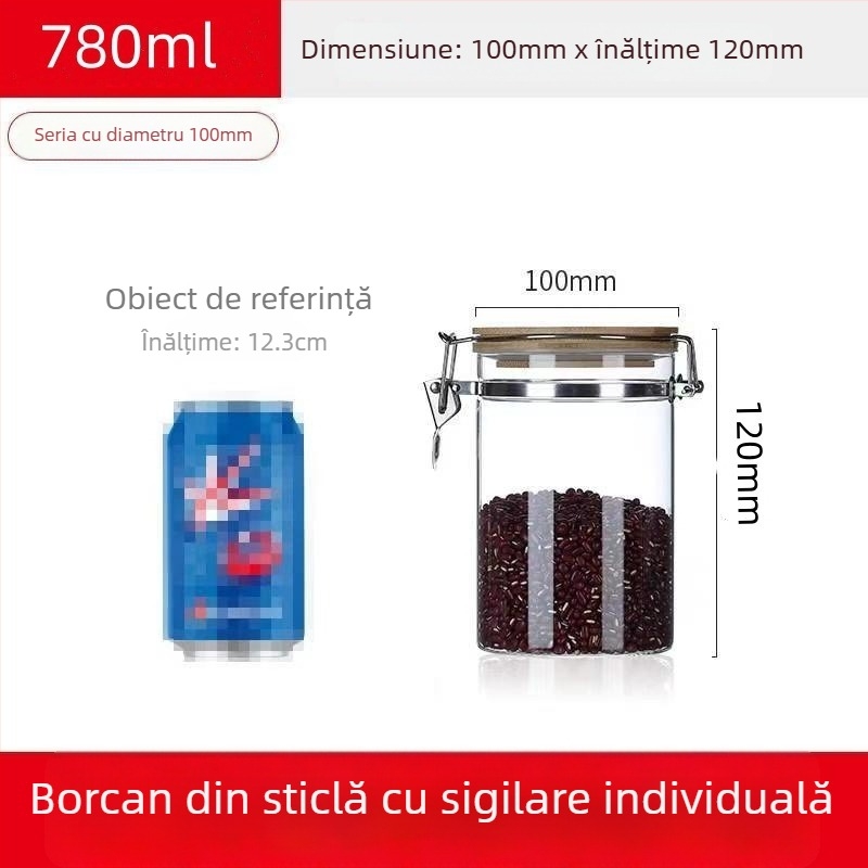 Recipient din sticlă borosilicată sigilat cu capac cu închidere cu clic, formă rotundă, capacitate sub 300 ml, logo tipărit, posibilitate de personalizare, nu este potrivit pentru microunde