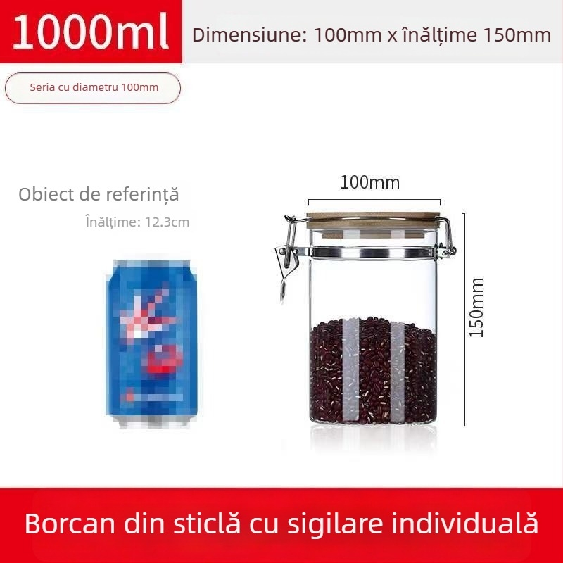 Recipient din sticlă borosilicată sigilat cu capac cu închidere cu clic, formă rotundă, capacitate sub 300 ml, logo tipărit, posibilitate de personalizare, nu este potrivit pentru microunde