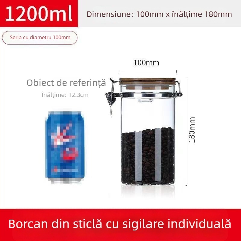 Recipient din sticlă borosilicată sigilat cu capac cu închidere cu clic, formă rotundă, capacitate sub 300 ml, logo tipărit, posibilitate de personalizare, nu este potrivit pentru microunde