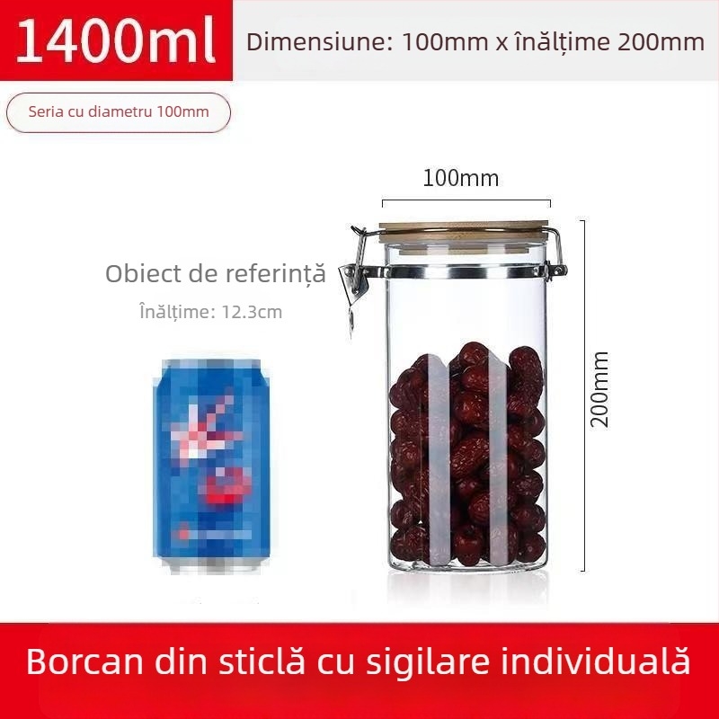Recipient din sticlă borosilicată sigilat cu capac cu închidere cu clic, formă rotundă, capacitate sub 300 ml, logo tipărit, posibilitate de personalizare, nu este potrivit pentru microunde