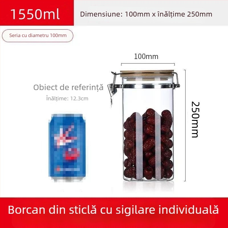 Recipient din sticlă borosilicată sigilat cu capac cu închidere cu clic, formă rotundă, capacitate sub 300 ml, logo tipărit, posibilitate de personalizare, nu este potrivit pentru microunde