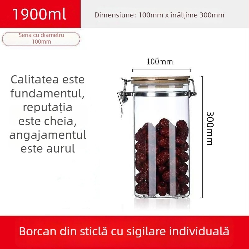 Recipient din sticlă borosilicată sigilat cu capac cu închidere cu clic, formă rotundă, capacitate sub 300 ml, logo tipărit, posibilitate de personalizare, nu este potrivit pentru microunde