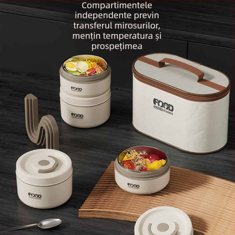 Cutie pentru prânz din oțel inoxidabil 316, izolată, compatibilă cu microunde, cu dublu strat, rotundă