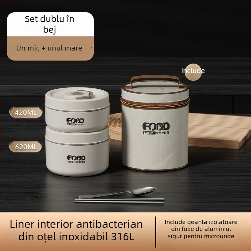 Cutie pentru prânz din oțel inoxidabil 316, izolată, compatibilă cu microunde, cu dublu strat, rotundă
